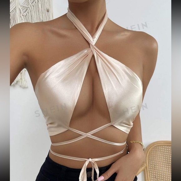 SHEIN Tops - SHEIN Elegant Cream Halter Crop Top